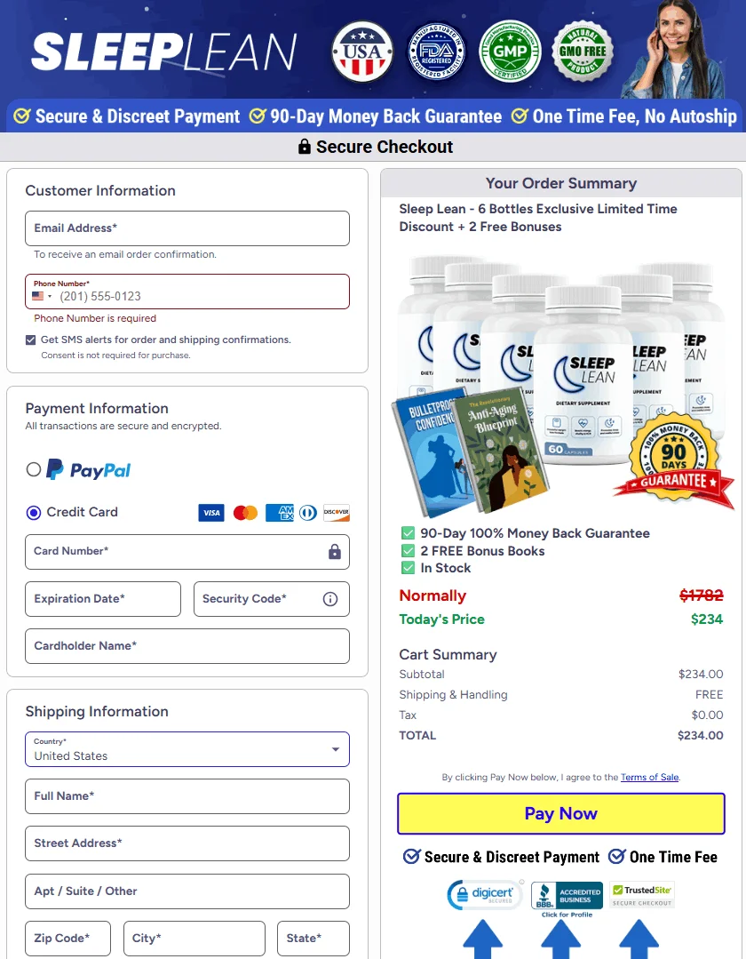 SleepLean secure checkout page